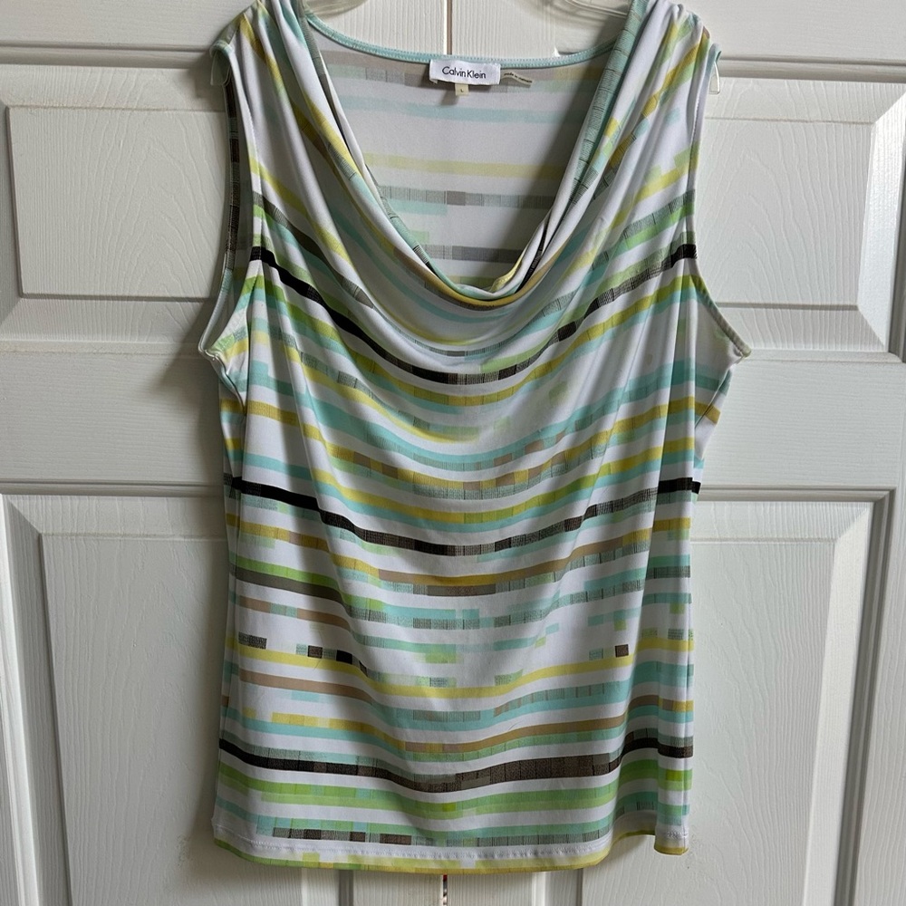 Calvin Klein Blue, Green, Brown, White Striped Sleeveless Blouse, Tank, Size L
